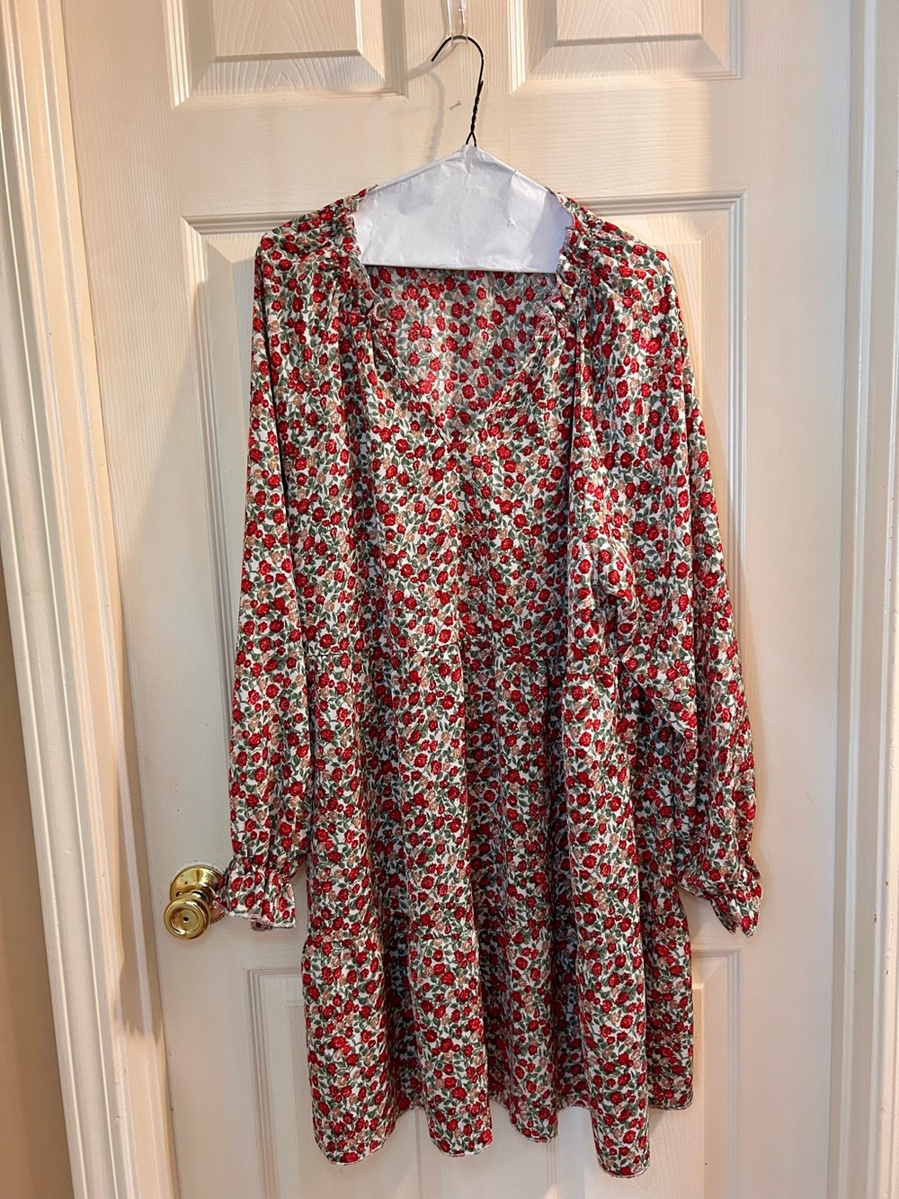 Floral Red and Green Long Sleeve Tunic Dress
